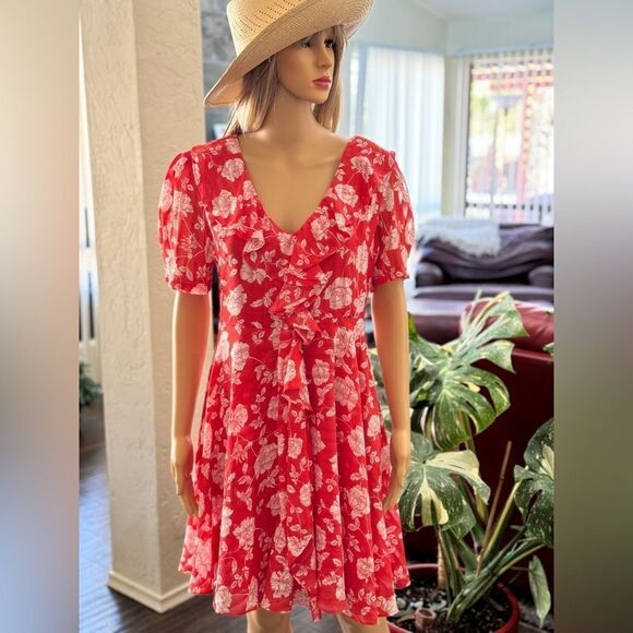 Lulu’s Ximena Coral Red Floral Print Ruffled Short Sleeve Mini Dress sz M EUC - Picture 9 of 16